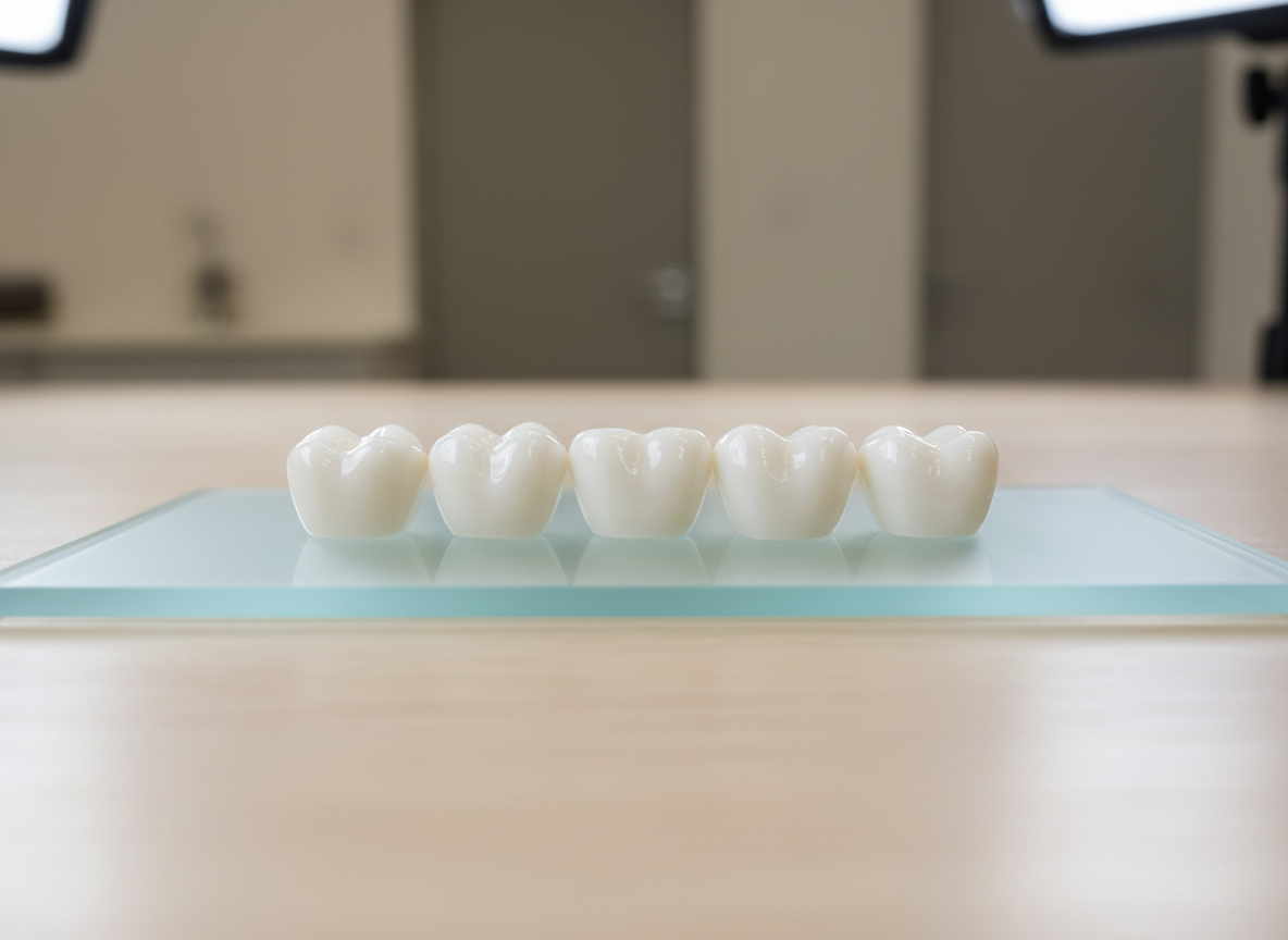 A close-up of a set of finished porcelain dental crowns, perfectly aligned on a frosted glass display tray. The crowns’ glossy white surfaces reflect the muted ambient light, highlighting their smooth, flawless finish and expert craftsmanship. The tray is positioned on a minimalist, light wood counter in an orderly, contemporary workspace accented by neutral tones. Soft studio lighting from above and the side gently emphasizes each crown’s contours, casting refined, subtle shadows. The overall mood is professional and sophisticated, suggesting high educational and technical standards. The composition employs a centered, symmetrical layout with a shallow depth of field, keeping the dental crowns crisp against a softly blurred background to bring focus to detail and quality.